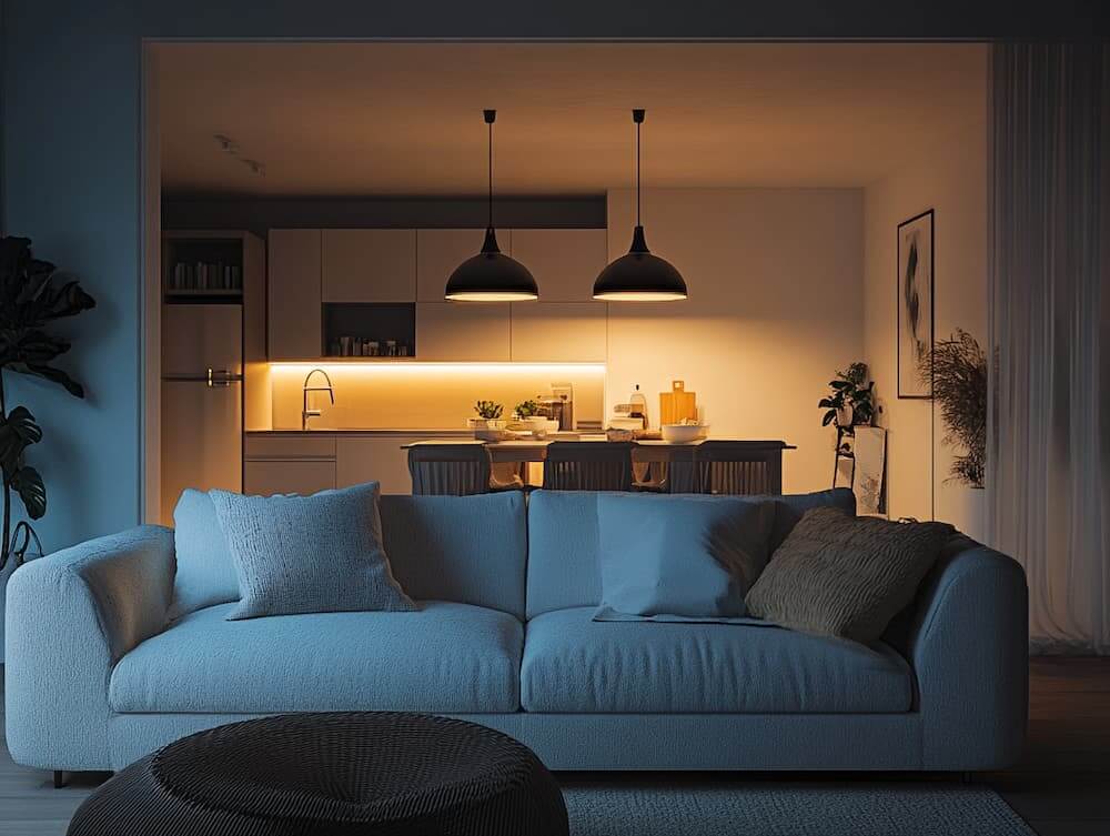 éclairage domestique dans un appartement scandinave moderne et sombre