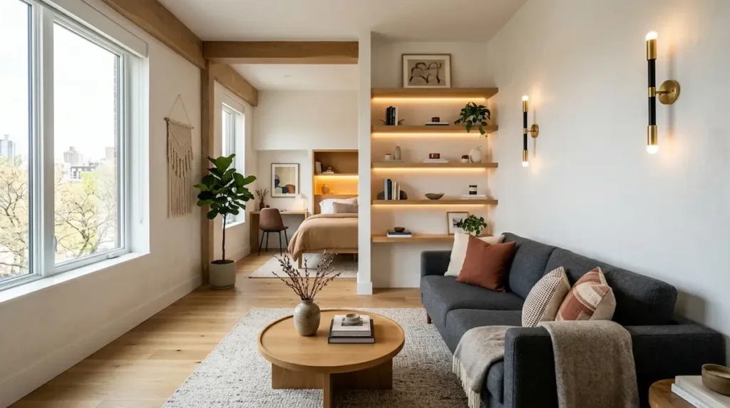 Éclairage chaleureux et optimisé dans un petit appartement moderne pour agrandir visuellement l'espace