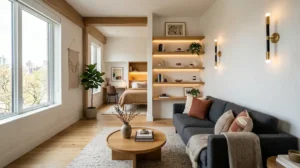 Éclairage chaleureux et optimisé dans un petit appartement moderne pour agrandir visuellement l'espace